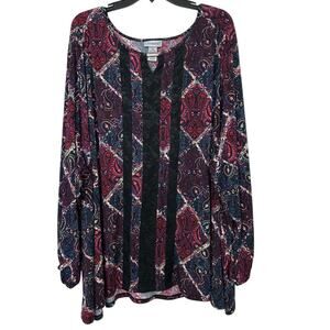 Catherine’s Jewel Tone Paisley Print Lace Inset Flowy Tunic Top 5X Dark Romantic